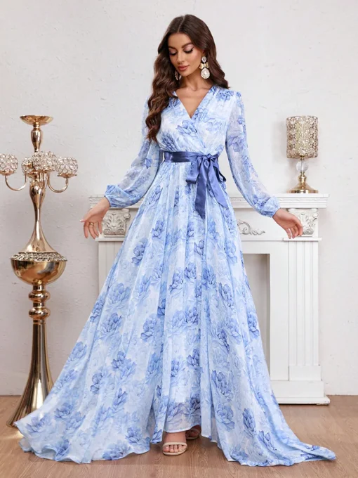 Casual Elegant V-Neck Lantern Sleeve Flower Printed Maxi Dress - Image 2