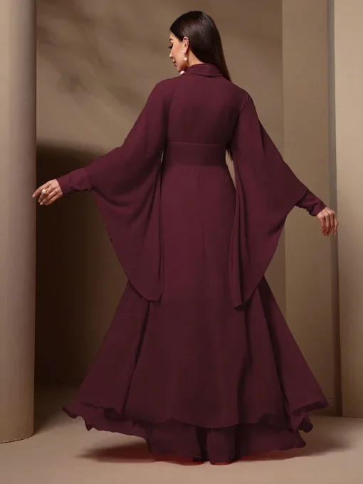 Solid Color Bell Sleeve Fit and Flare Chiffon Maxi Dress - Image 2