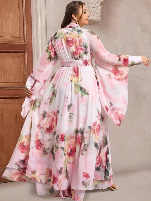 Plus Size Floral Print Long Sleeve Maxi Party Dress - Image 2