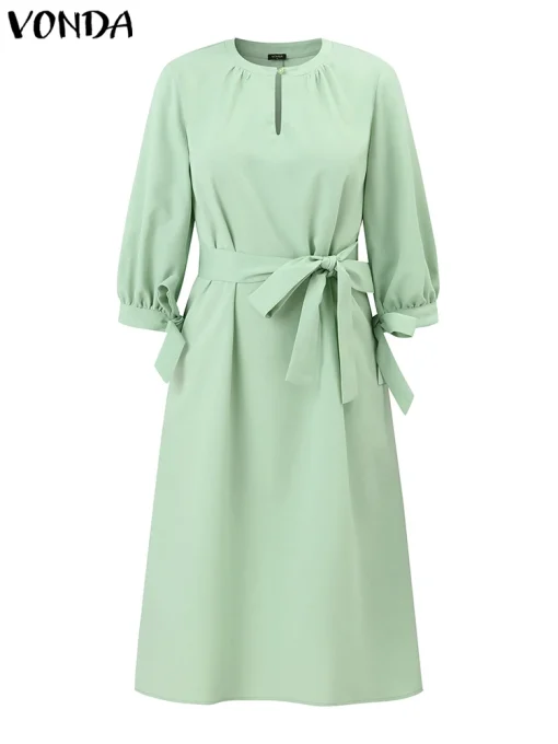 Plus Size Elegant Midi Dress with Puff Sleeves - Image 2