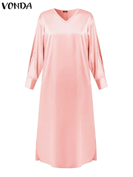 Bohemian Maxi Dress, V-Neck Satin Silk Long Sleeve - Image 2