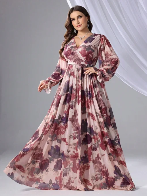 Plus Size V-Neck Long Sleeve Floral Print Maxi Dress - Image 3