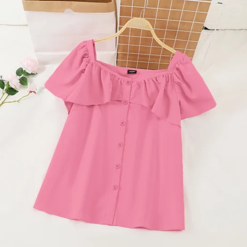 Elegant Women Square Collar Ruffled Summer Blouse