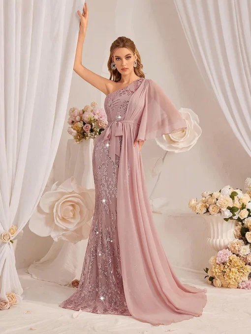 Luxury Sequin One Shoulder Long Maxi Gown Dress - Image 6