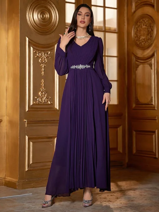 Elegant V-Neck Pleated Swing Dress with Rhinestone Embellishment - Image 3