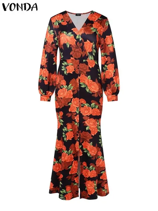 Plus Size Bohemian High Split V-Neck Floral Party Dress - Image 2