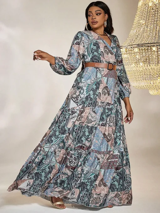 Bohemian Plus Size Lantern Sleeve Patchwork Print Long Dress - Image 3