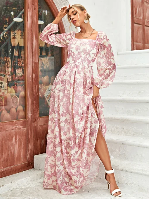 Women’s Floor-Length Stylish Print Boho Lantern Sleeve Dress - Image 5