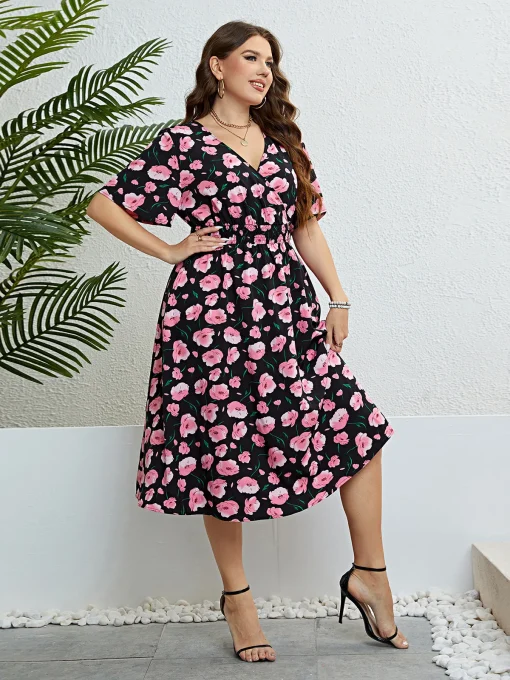 Elegant Plus Size Black Floral Loose Evening Party Dress - Image 4