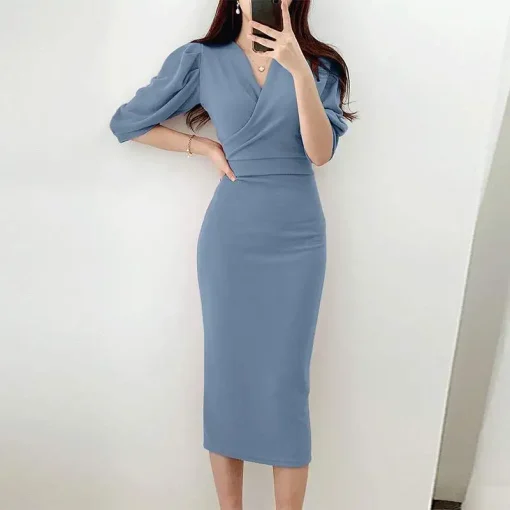 Elegant V-Neck Shirt Dress for Women, Summer Casual Midi Dress - Image 5