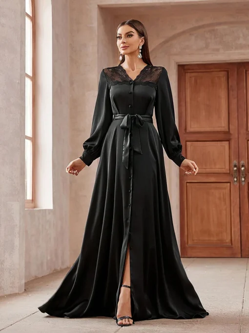 Elegant Mesh Belted Lace Spliced Lantern Sleeve Long Dress