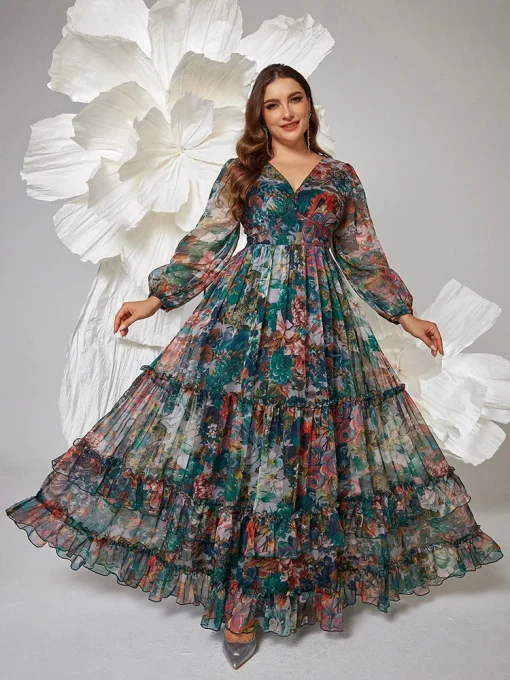 Plus Size Floral Print V-Neck Lantern Sleeve Maxi Dress - Image 6