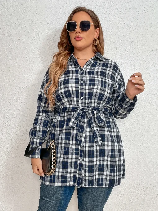 Plus Size Elegant Linen Plaid Straps Long Blouse for Women - Image 3