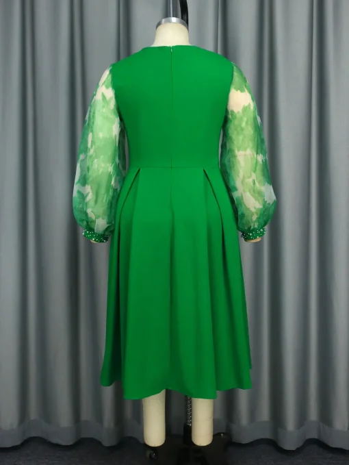 Green Elegant A-Line Dress with Beading and Puff Sleeves - Image 6