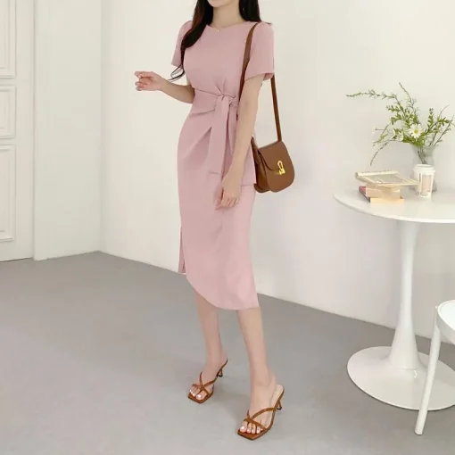 Women’s Elegant Pleated Waist Midi Shirt Dress - Image 5