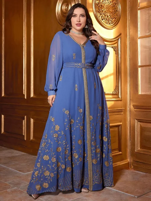 Plus Size Embroidered Lantern Sleeve Applique Maxi Dress - Image 3