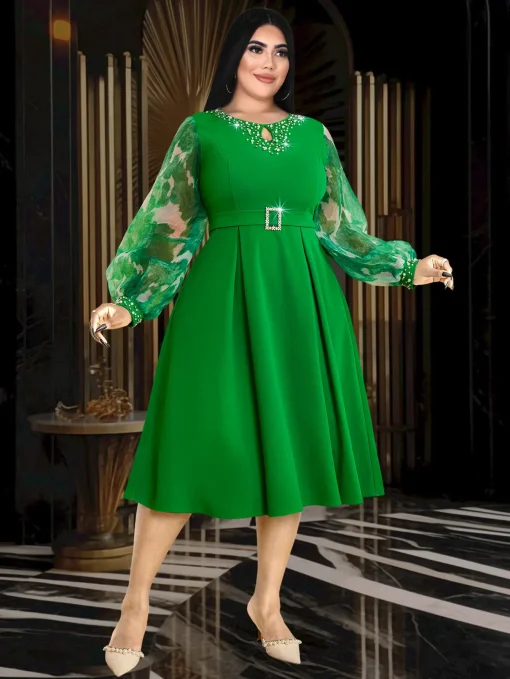 Green Elegant A-Line Dress with Beading and Puff Sleeves