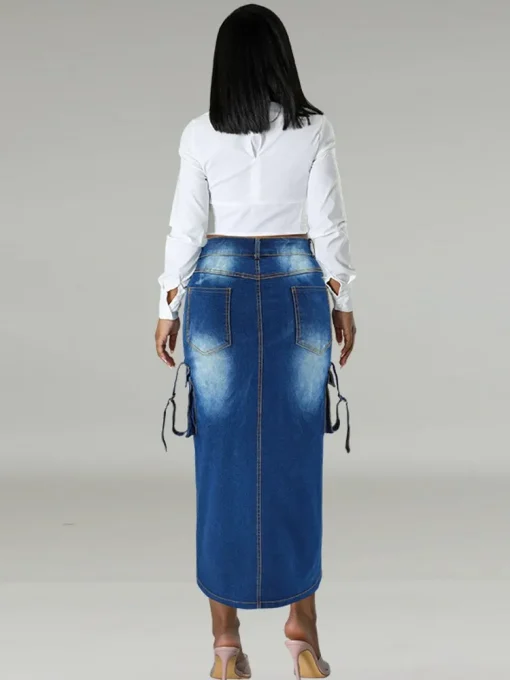 Plus Size A-Line High Waist Side Split Denim Skirt - Image 3