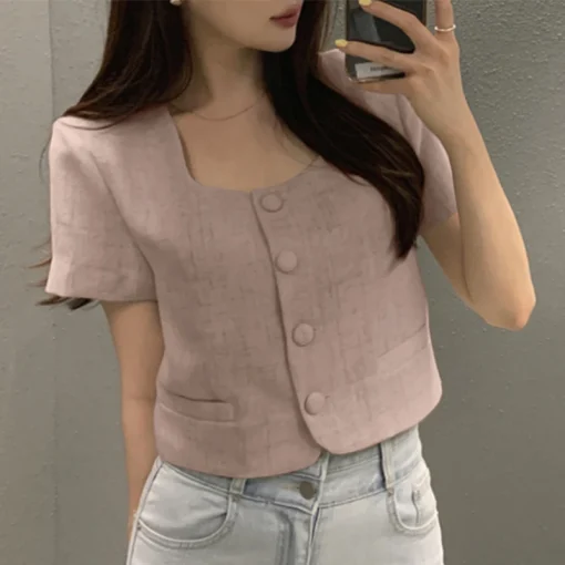 Elegant Summer Blouse with Square Collar and Short Sleeves - Image 6