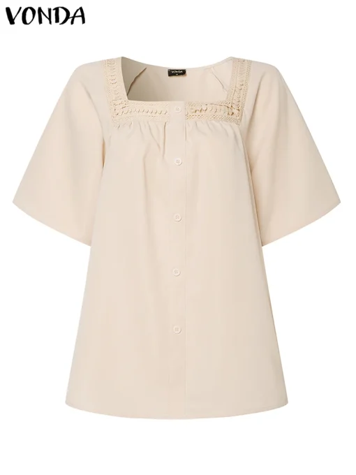 Elegant Square Neck Blouse with Short Puff Sleeves - Image 2