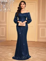 Luxury Elegant Off-Shoulder Lantern Sleeve Sequin Evening Dress