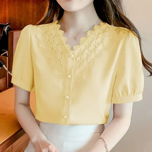 Elegant Office Shirt Solid Color Blouse Short Sleeve Tunic