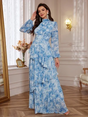 Elegant Floral Lantern Sleeve Ruffle Chiffon Maxi Dress