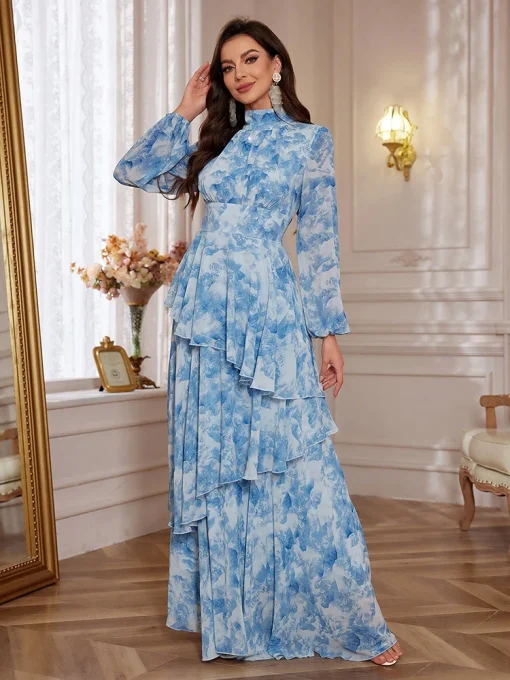 Elegant Floral Lantern Sleeve Ruffle Chiffon Maxi Dress