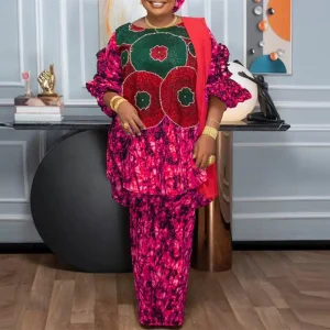 Plus Size Elegant Lantern Sleeve Pants Set
