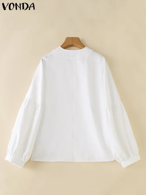 Plus Size Elegant V-Neck Office Blouse with Lantern Sleeves - Image 3