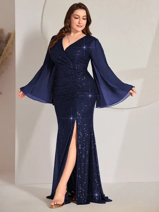 Plus Size Sequin Patchwork Trumpet Sleeve Mermaid Party Dress - Image 2