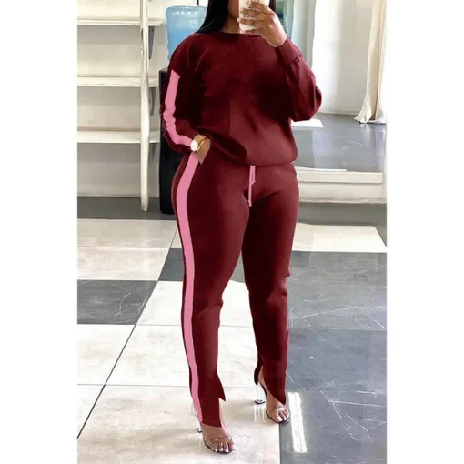 Plus Size Burgundy Two-Tone Long Sleeve Pant Set - Image 3