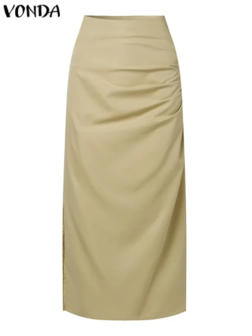 Women’s Elegant High Waist Pleated Midi Skirt with Side Slit - Image 2