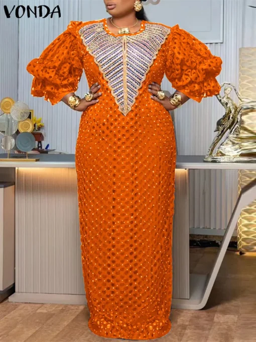 Plus Size   Bohemian Printed Puff Sleeve Maxi Dress - Image 2