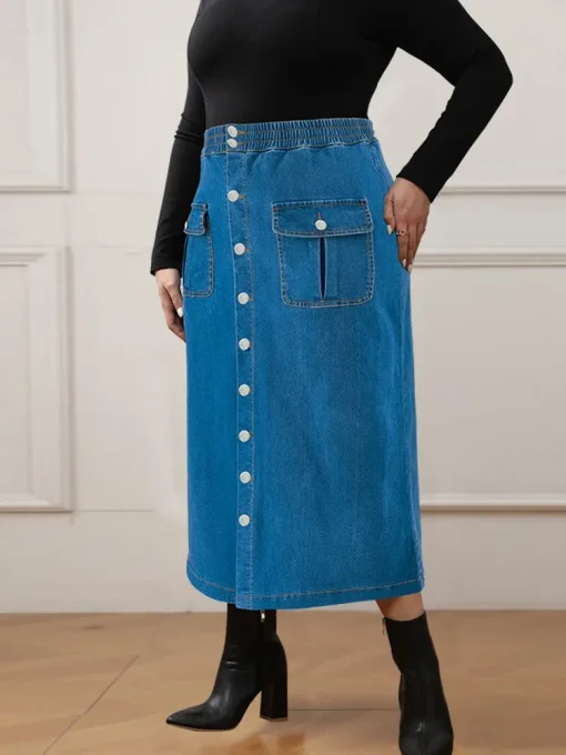 Plus Size High Waist Button A-Line Denim Midi Skirt - Image 3