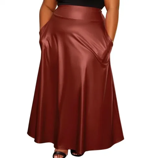 Plus Size Women's Elegant High Rise PU Leather Maxi Skirt - Image 7