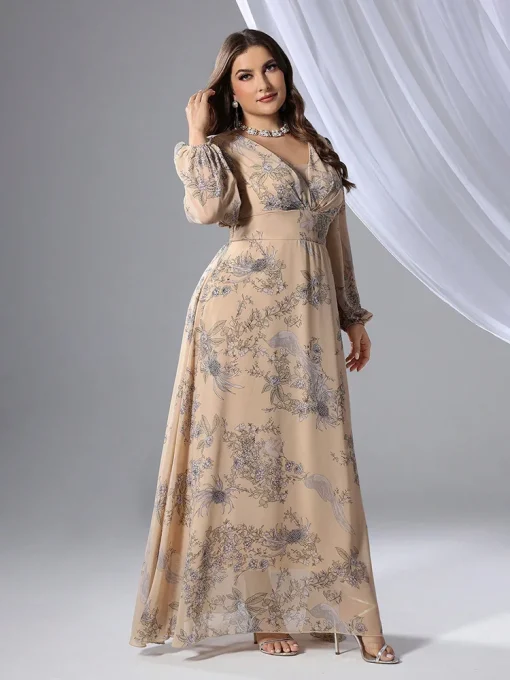 Luxury Elegant Plus Size V-Neck Lace Mesh Floral Maxi Dress - Image 4