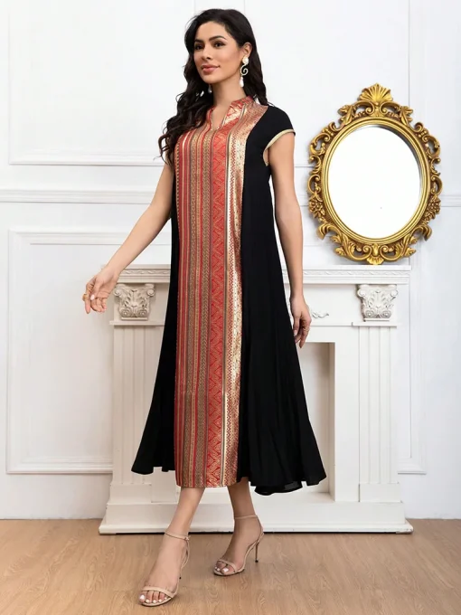 Luxury Arabian Contrast Leaf Print Notched Neckline Midi Dress - Image 4