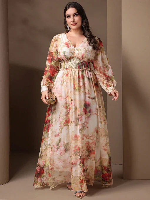 Plus Size Shirred Floral Print Long Sleeve Maxi Dress - Image 5