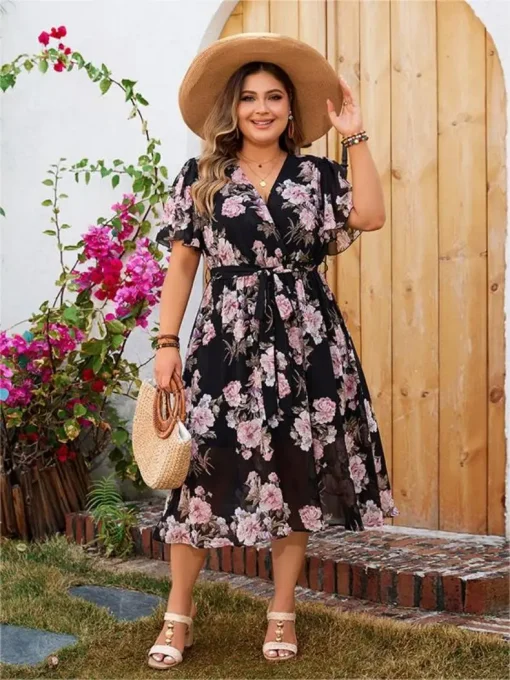 Elegant Plus Size Floral V-Neck Swing Party Dress - Image 4