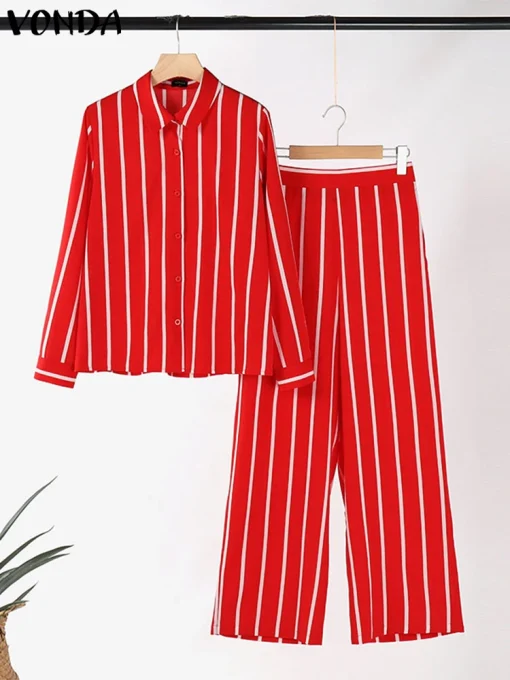 Plus Size Vintage Striped Pants Set for Women - Image 2