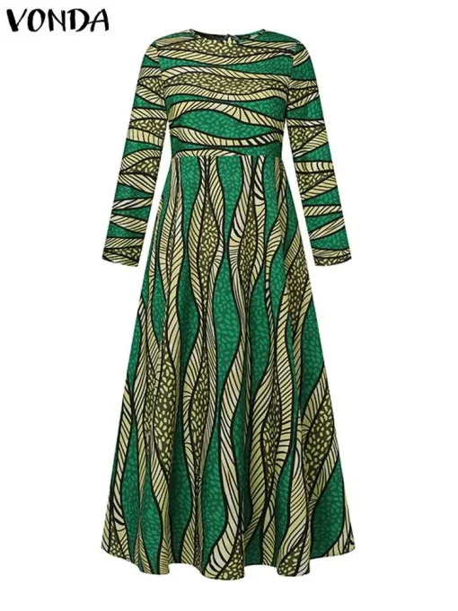 Plus Size Bohemian Maxi Dress with Long Sleeves and Print - Image 2