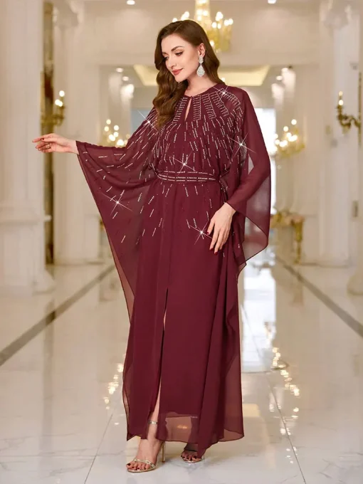 Women's Floor-Length Chiffon Diamond Dress with Lotus Sleeves - Image 5