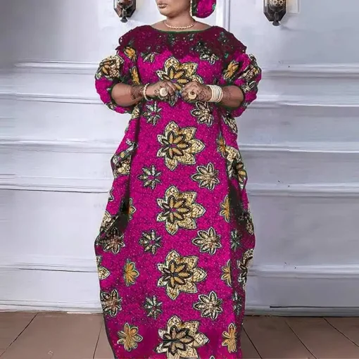 Plus Size   Bohemian Floral Puff Sleeve Maxi Dress