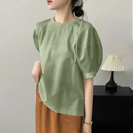 Women's Sexy O-Neck Short Puff Sleeve Blouse