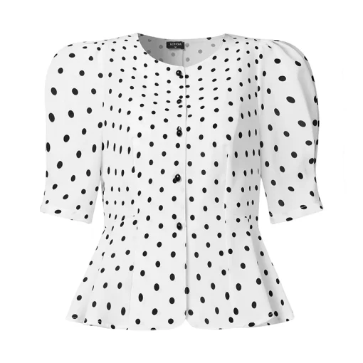 Elegant Polka Dot Summer Blouse with Puff Sleeves - Image 6