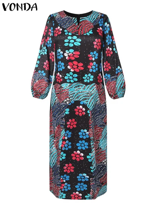 Women Bohemian Vintage Lantern Sleeve Maxi Sundress - Image 2