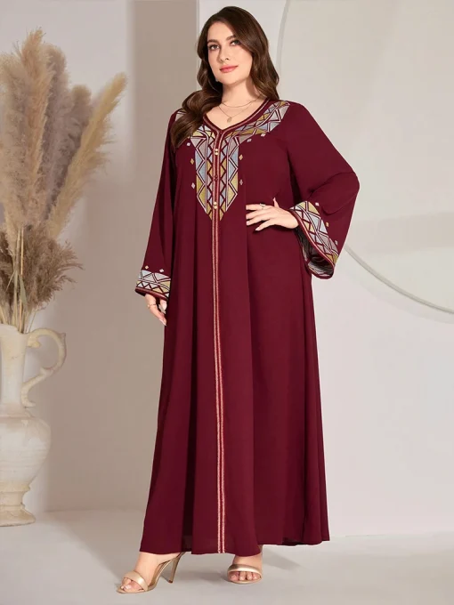 Plus-Size Women Embroidered V-neck Maxi Arab Ethnic Dress - Image 5