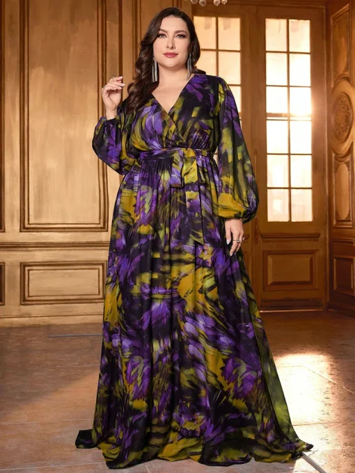 Elegant Plus Size V-Neck Printed Lantern Sleeve Maxi Dress - Image 3