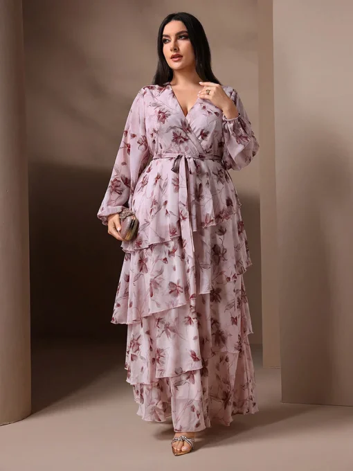 Plus Size V-Neck Floral Print Belted Maxi Dress - Image 6